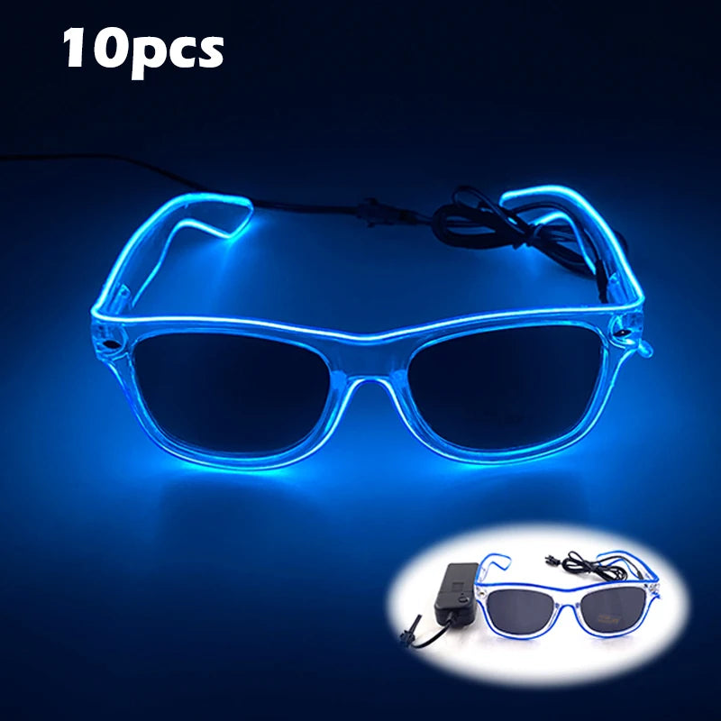A pair of glowing blue LED wire party glasses shown with a loose wire and a power source.