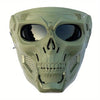 Masque de cosplay crâne intégral, coupe-vent vert olive clair, avec trous de ventilation et lentilles sombres.