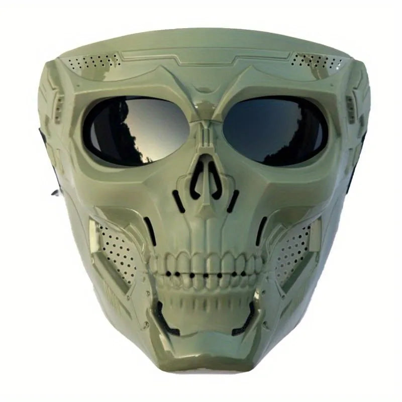 Masque de cosplay crâne intégral, coupe-vent vert olive clair, avec trous de ventilation et lentilles sombres.