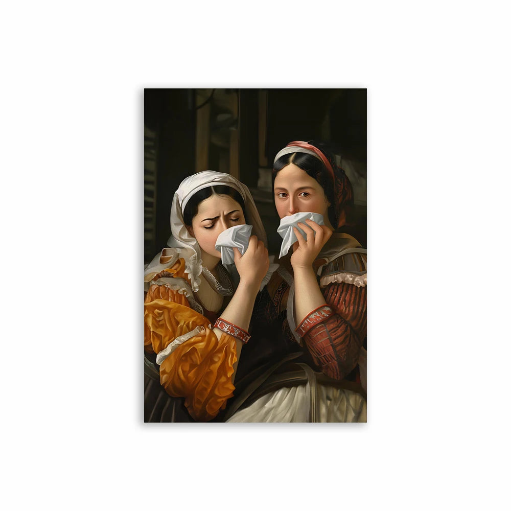 A painting depicting two women in historical attire looking distressed or crying.