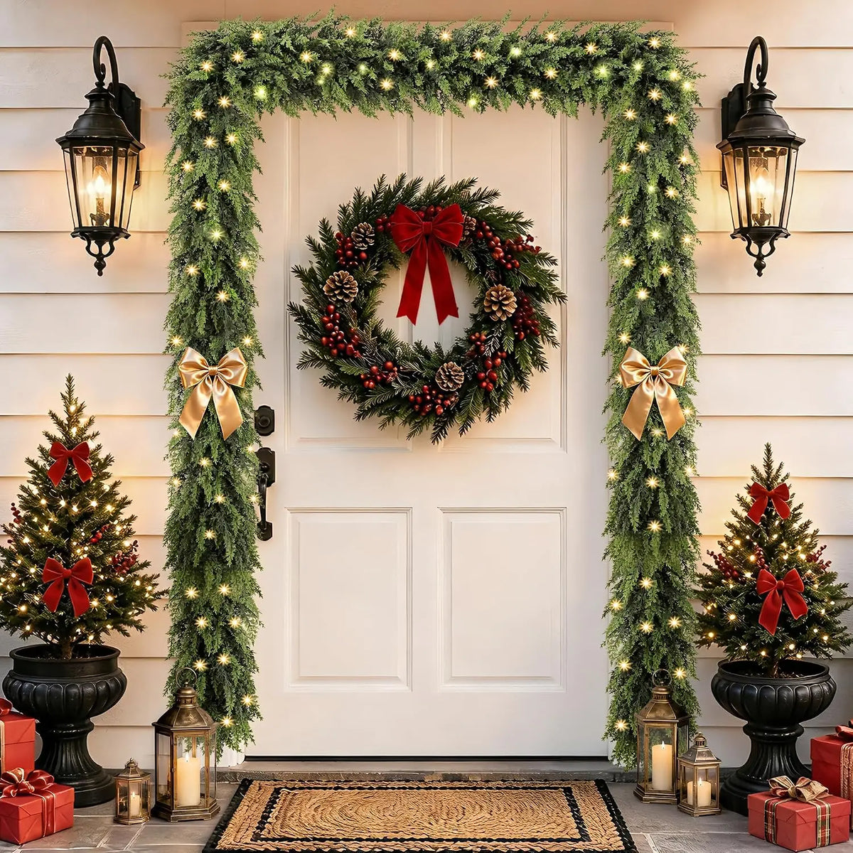 A realistic cedar garland with flexible branch design draped across a white wall with a wreath and decorative lanterns.