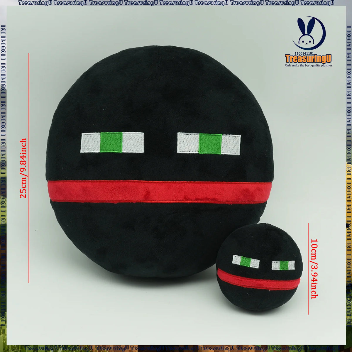 A black plush doll with white and green eyes and a red stripe, shown against a white background.
