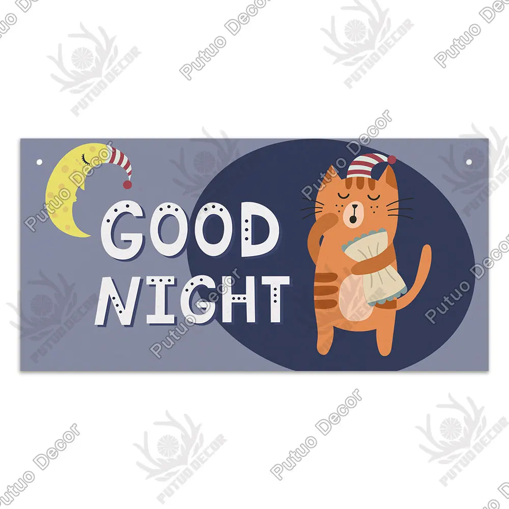 A wooden cat wall plaque featuring an orange tabby cat sleeping, a crescent moon, and the text Good Night.