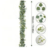 Artificial eucalyptus garland with white flowers shown in various close-up views and full length.