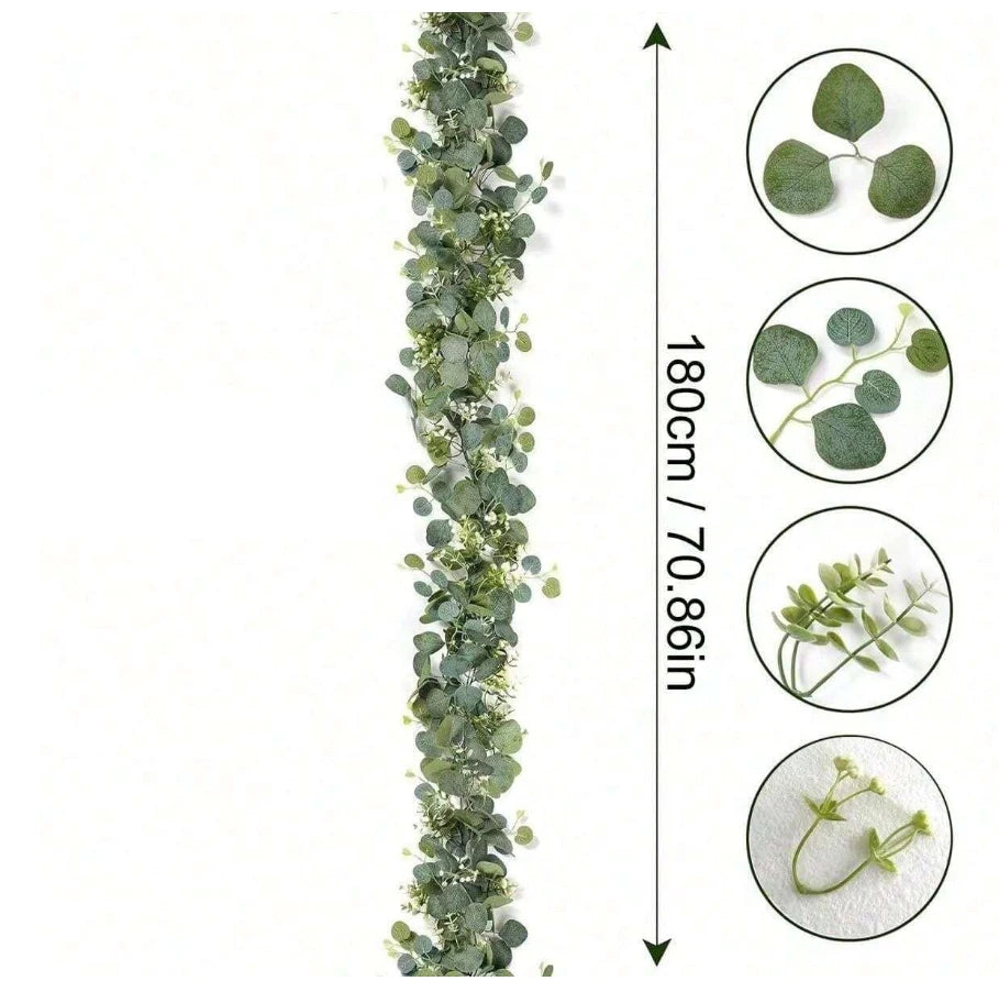 Artificial eucalyptus garland with white flowers shown in various close-up views and full length.