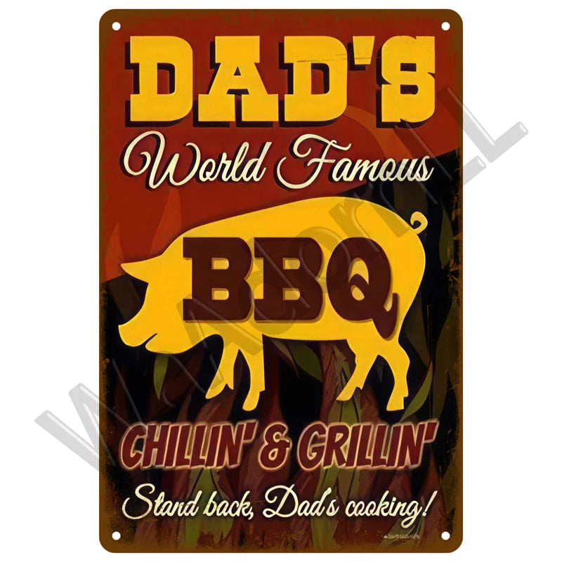 A vintage metal sign featuring a yellow silhouette of a bison with the text Dad's World Famous BBQ Chillin' & Grillin' Stand 