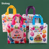A set of colorful reusable happy birthday gift bags in pink, purple, and yellow for celebrations.