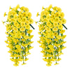 Two vertical arrangements of bright yellow artificial morning glory flowers hanging