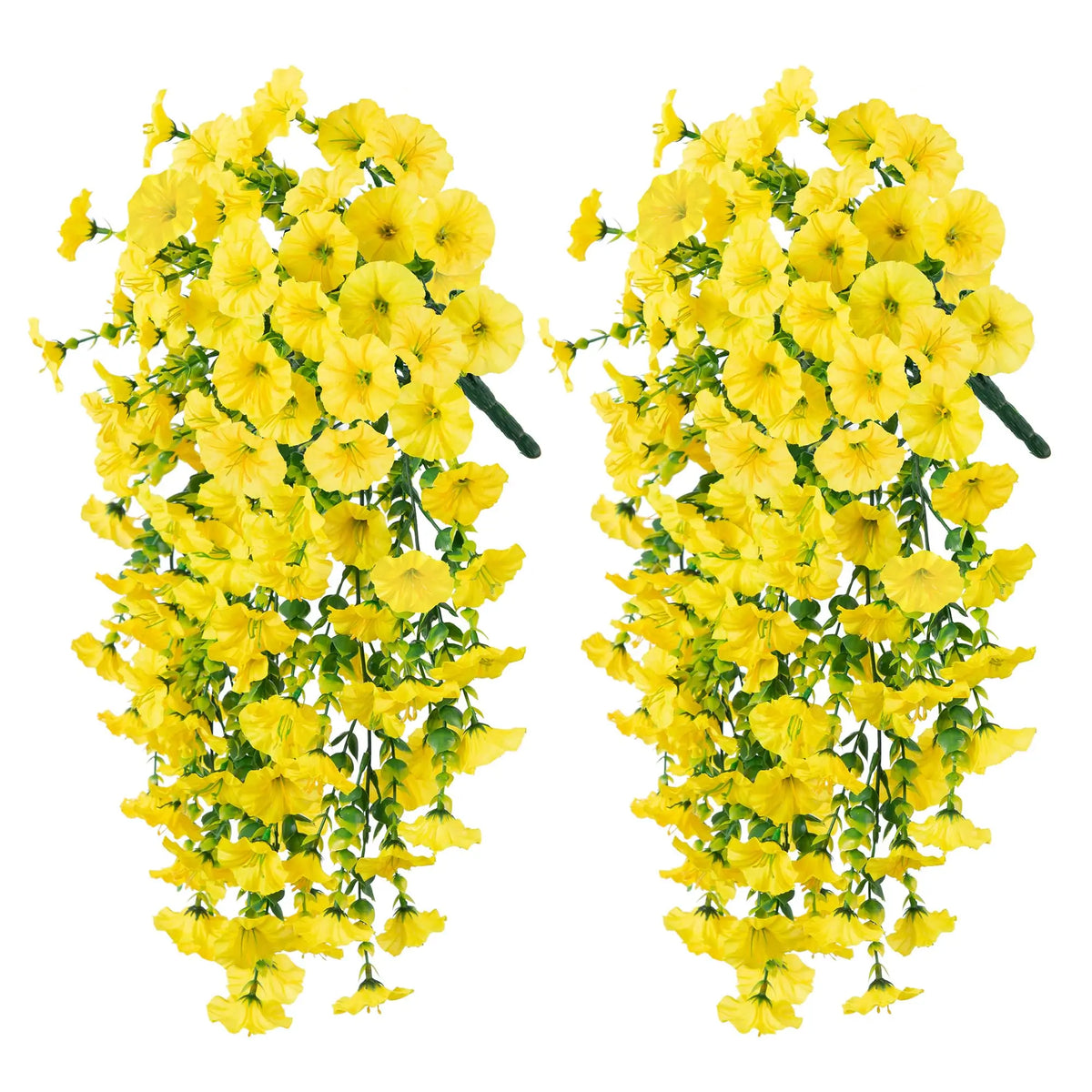 Two vertical arrangements of bright yellow artificial morning glory flowers hanging