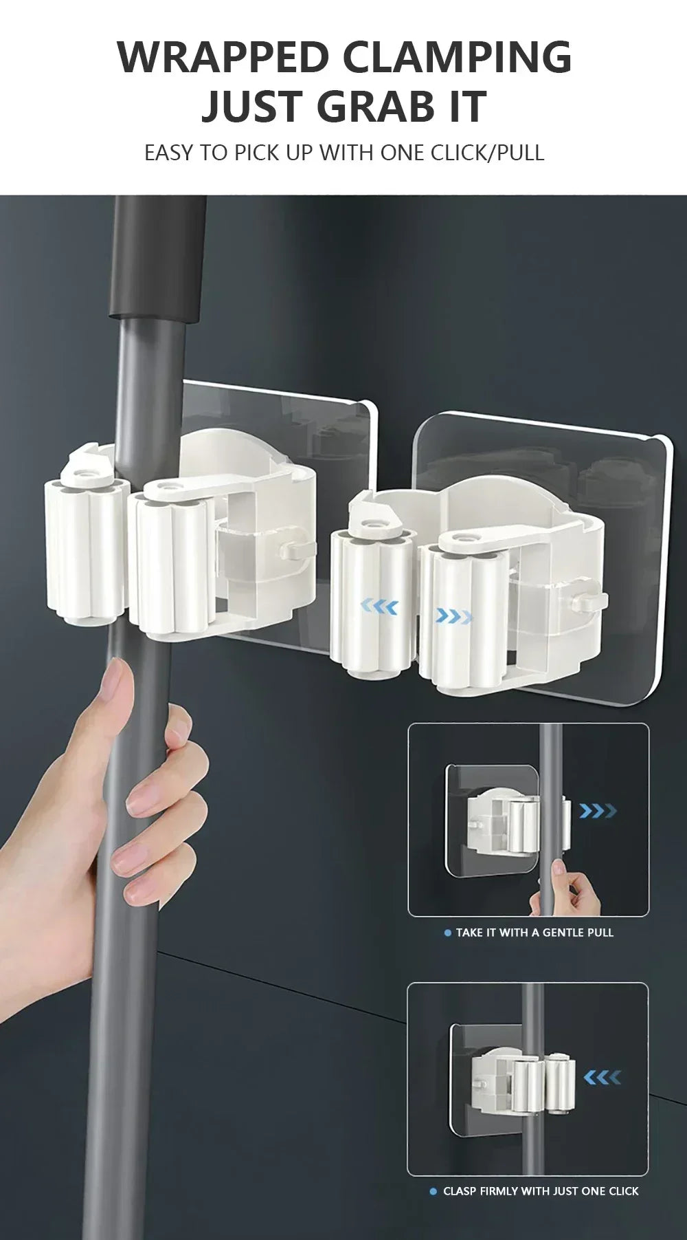 A hand is shown using a wrapped clamping device to attach or detach a mop and broom holder from a vertical pole.