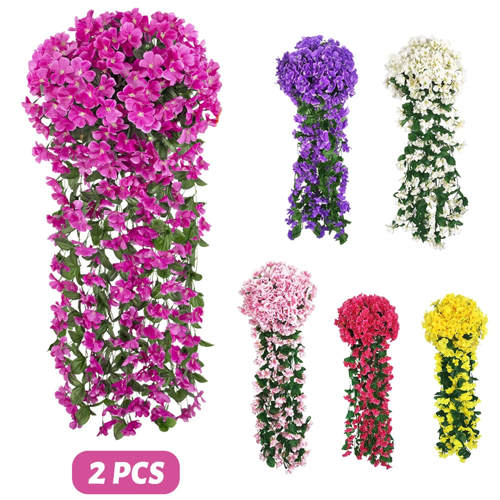 Artificial violet ivy hanging garland featuring various shades of purple, pink, and white flowers