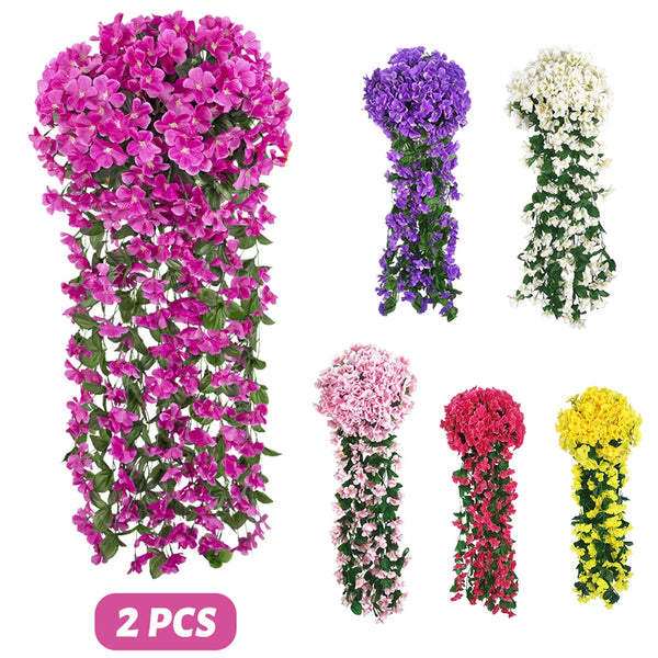 Artificial violet ivy hanging garland featuring various shades of purple, pink, and white flowers