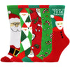 A five-pack of Christmas women's socks featuring reindeer, tree, and Santa patterns in red, green, and white.