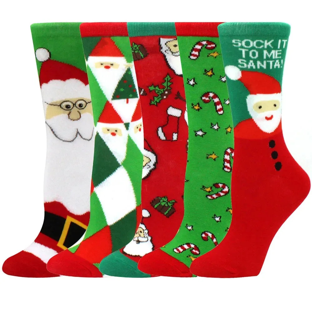 A five-pack of Christmas women's socks featuring reindeer, tree, and Santa patterns in red, green, and white.