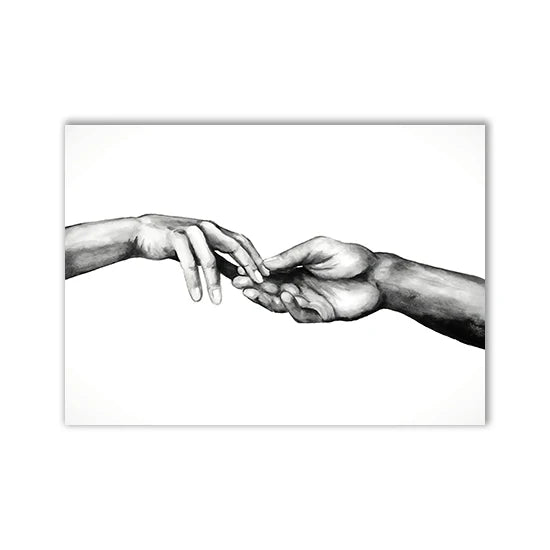 Black and white line art of two hands gently clasped together