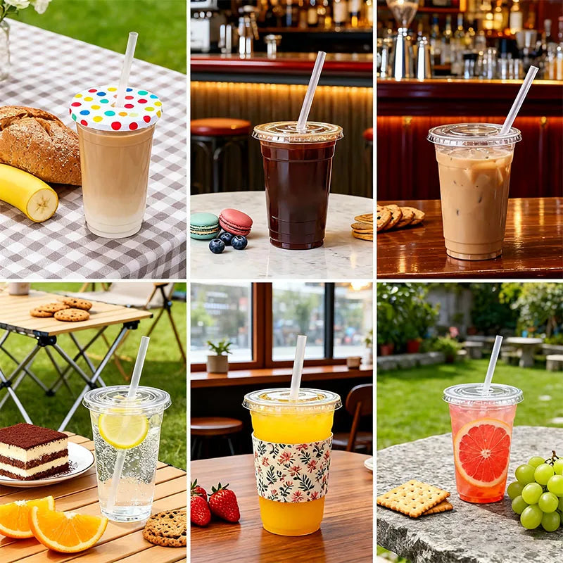 A collage showing various iced beverages in plastic cups, including coffee, tea, and fruit juices.
