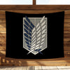 A dark banner featuring a silver and blue crest design of stylized wings on a wooden wall.