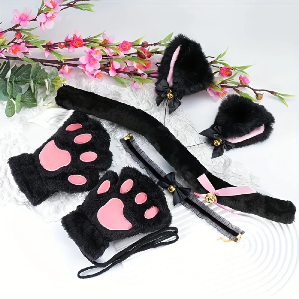 Black and pink cartoon cat paw gloves with decorative headband and floral greenery
