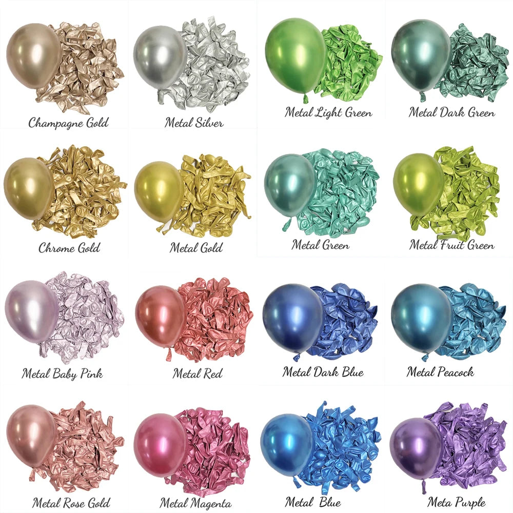A collection of metallic latex balloons in various colors including gold silver green pink red blue and purple.
