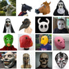 A collection of realistic horror animal masks including a black boar, a brown horse, a zombie face, and several skull-like ma