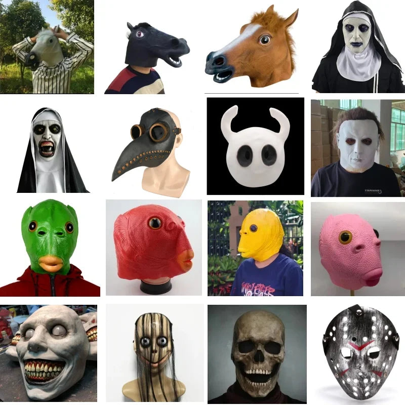 A collection of realistic horror animal masks including a black boar, a brown horse, a zombie face, and several skull-like ma