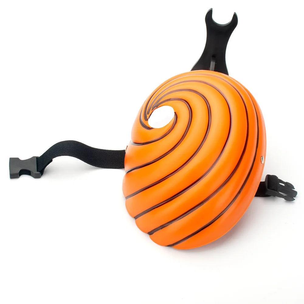 Orange Uchiha ninja mask with black straps and a curved design
