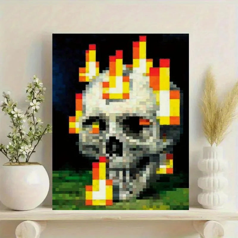 A digital art print featuring a pixelated skull engulfed in bright orange and yellow flames against a dark background.