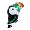 A foil balloon shaped like a toucan with a colorful beak and green accents for birthday decorations.