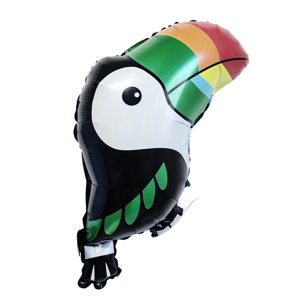 A foil balloon shaped like a toucan with a colorful beak and green accents for birthday decorations.