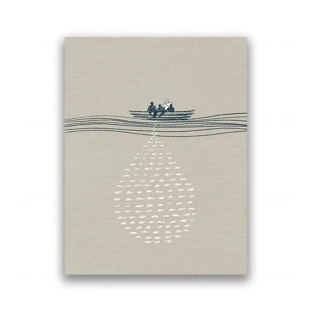 Impresión minimalista en lienzo de siluetas de figuras lavando pies en agua, con ondas y una cascada de luz.