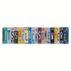 A rustic metal sign featuring the phrase Five O'Clock Somewhere in various colorful letters for bar and wall decor.