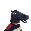 A realistic black animal mask with glowing red eyes worn by a person.