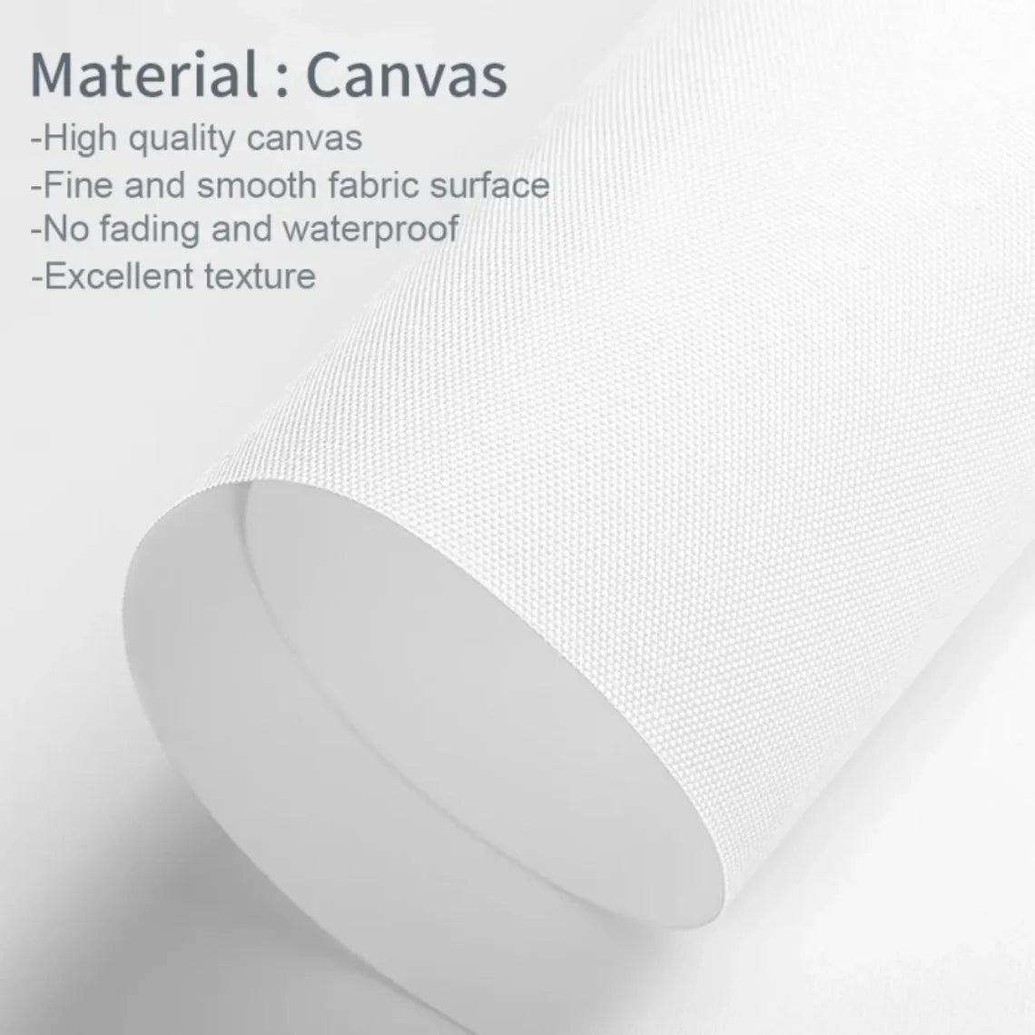Roll of white canvas material for printing, showing a fine, smooth fabric surface.