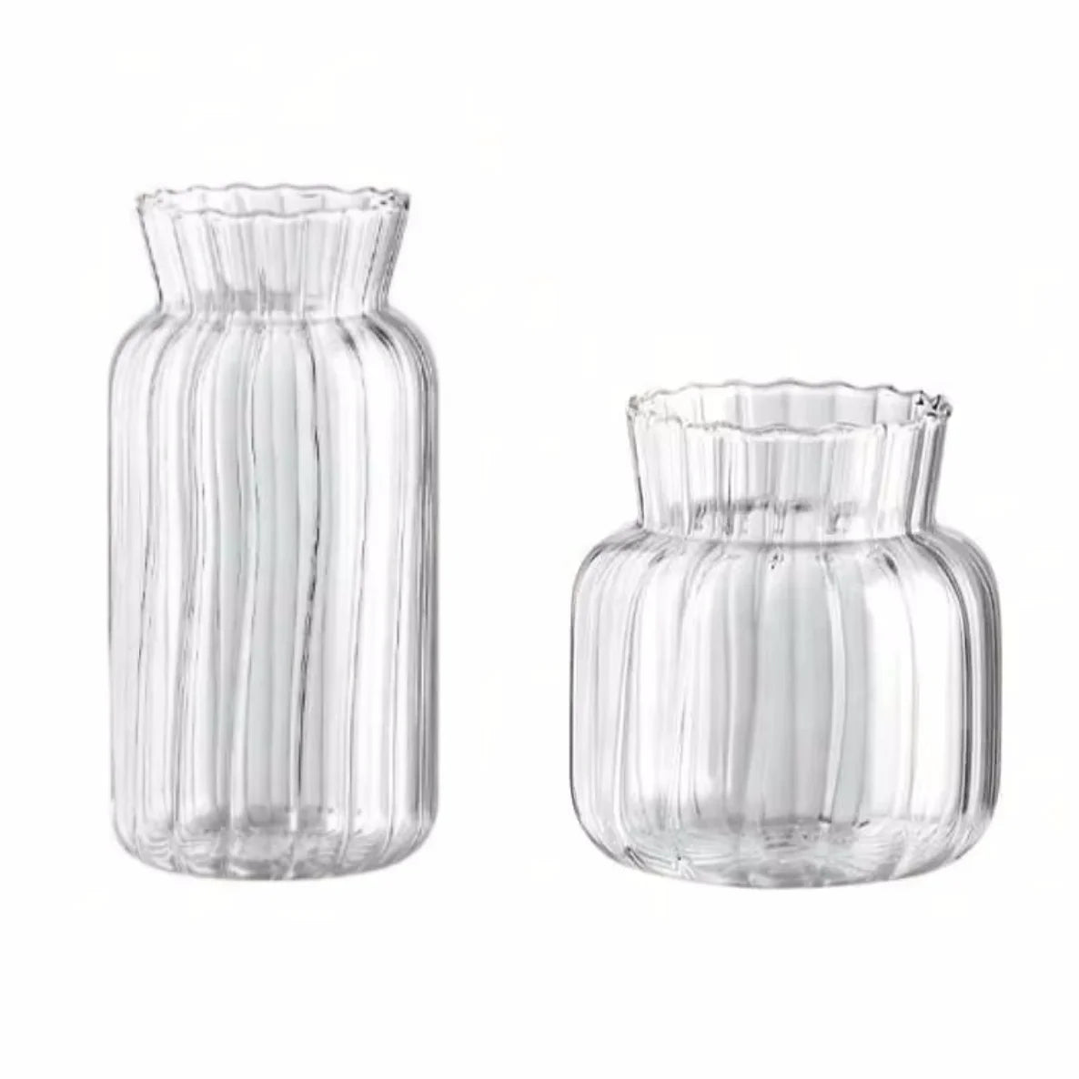 A clear glass vase with vertical ridges and a rounded base, shown in a side-by-side view.