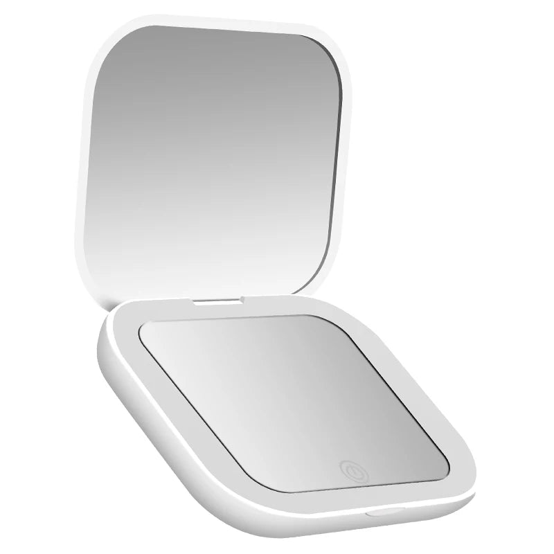 A white portable folding makeup mirror with an open lid and LED light.