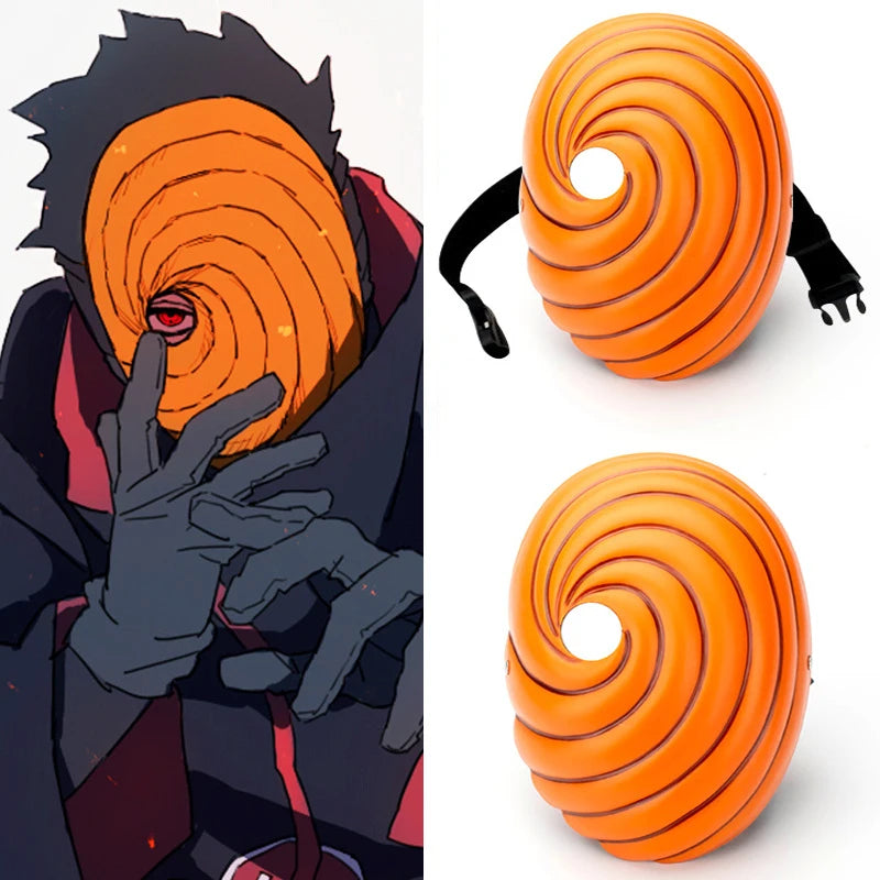 An orange, spiral-shaped ninja mask for cosplay and Halloween, shown in detail.