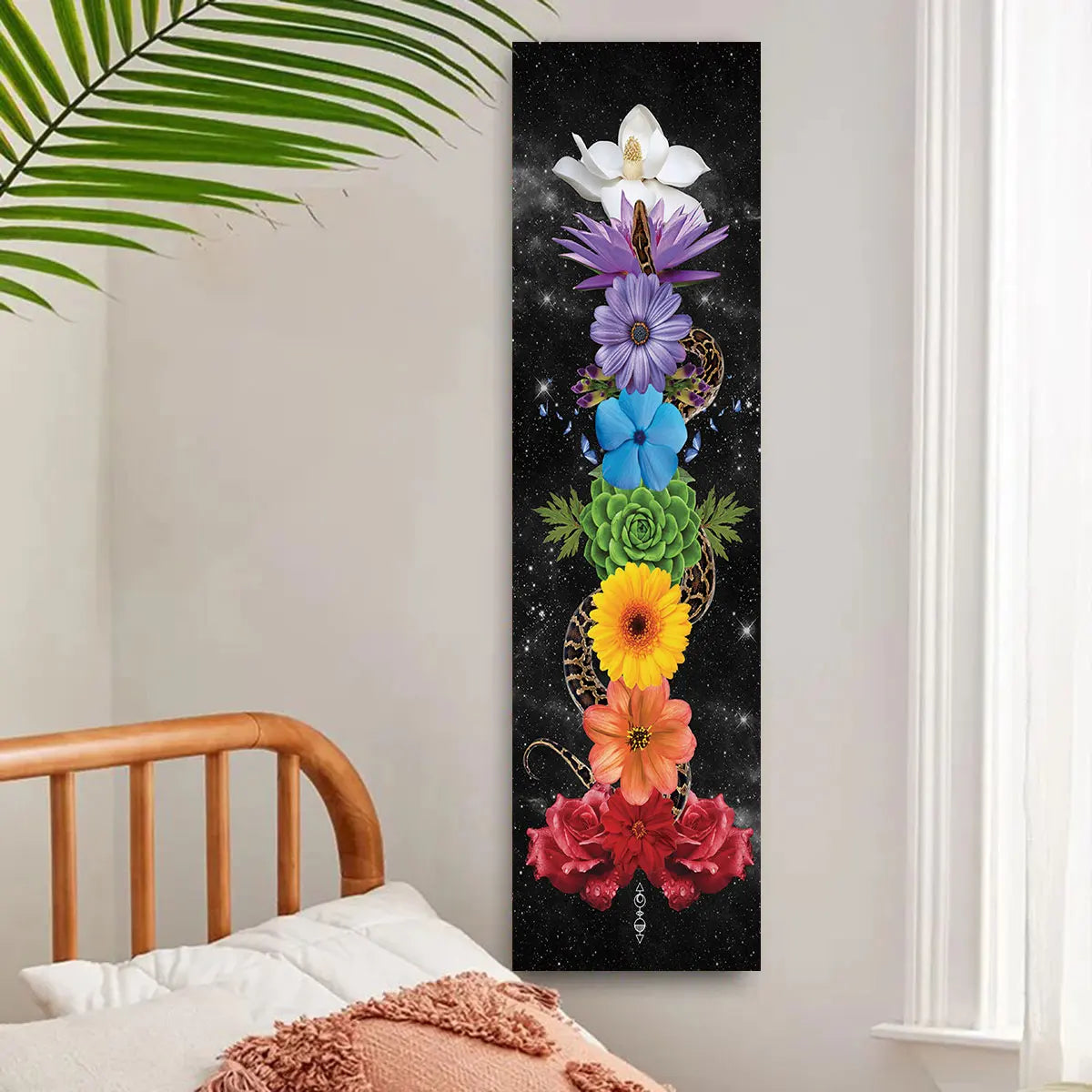 A vertical tapestry featuring a dark background with colorful flowers and a white orchid for boho spiritual decor.