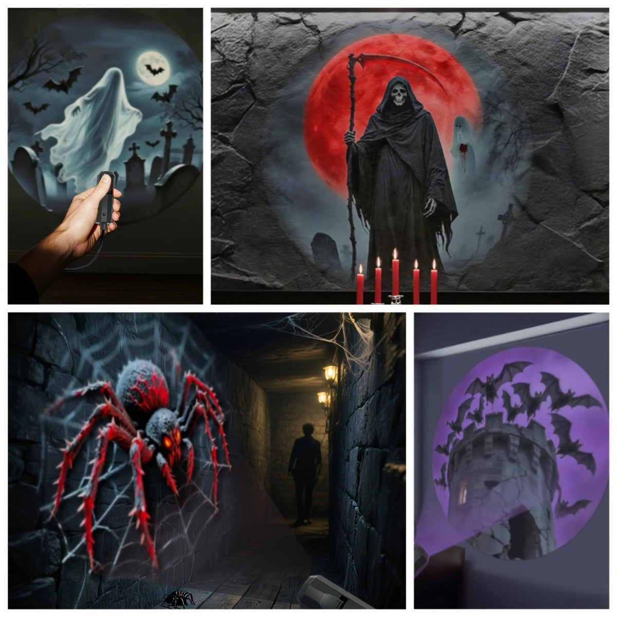 A dark, moody Halloween scene featuring a figure in a cloak and a large red moon projection.