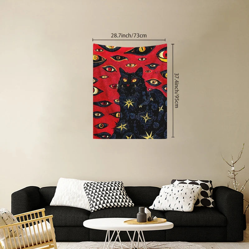 A red tapestry wall hanging featuring multiple stylized eyes of cats against a dark background.
