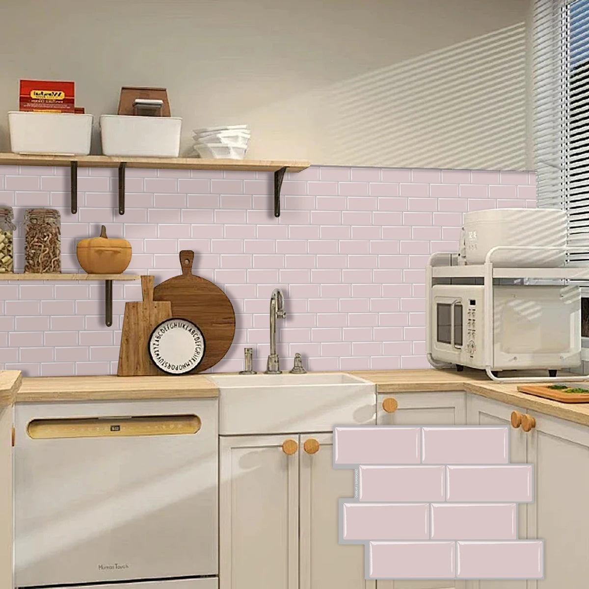 A kitchen backsplash featuring light pink subway tile and wooden countertops with appliances.