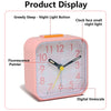 A pink digital alarm clock displaying the time, featuring a greedy sleep button and a small night light.