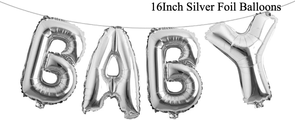 A banner spelling out BABY made of silver foil balloons