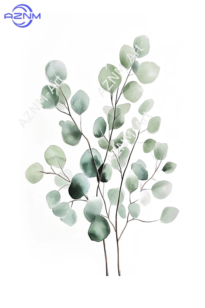 A watercolor illustration of a branch with sage green eucalyptus leaves on a white background.