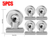 Five heavy duty silver magnetic clips for fridge use, showing various sizes and mounting options.