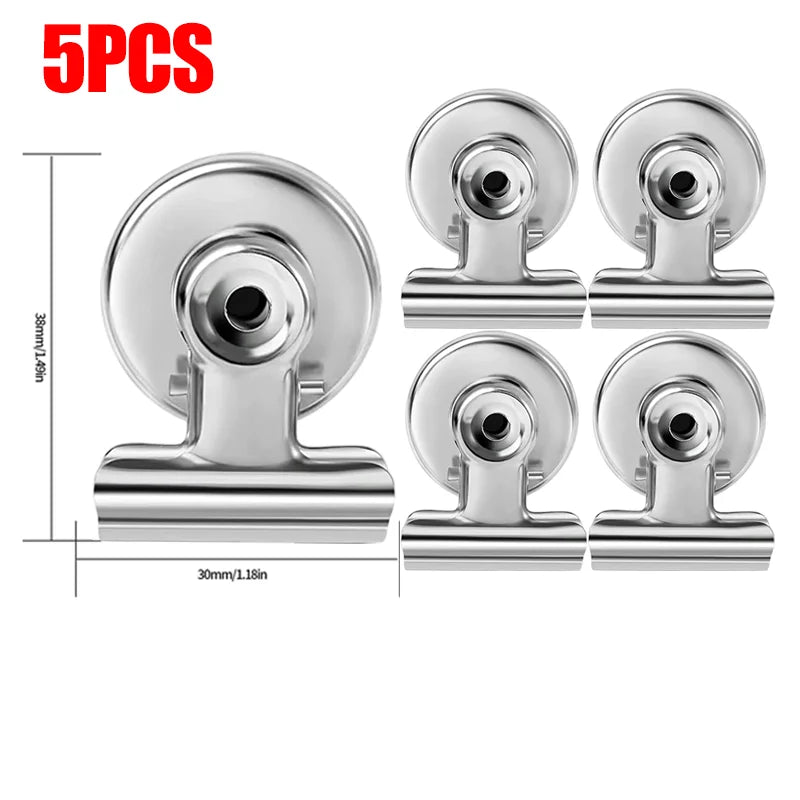 Five heavy duty silver magnetic clips for fridge use, showing various sizes and mounting options.