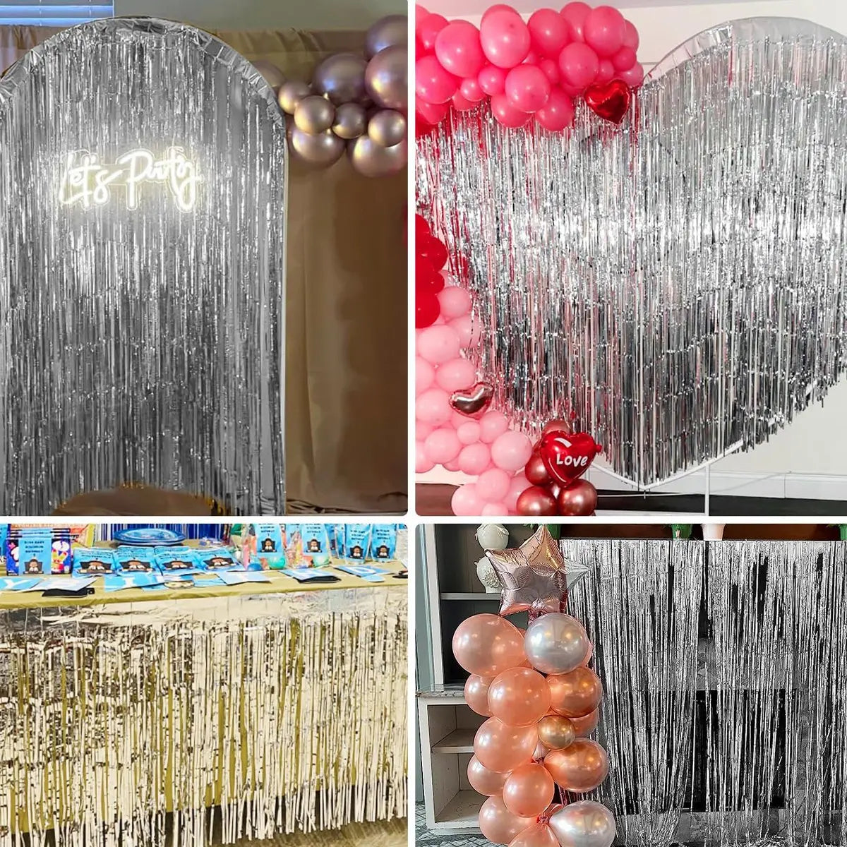 A display of sequin glitter party backdrops featuring pink and silver balloons and shimmering fabric curtains.