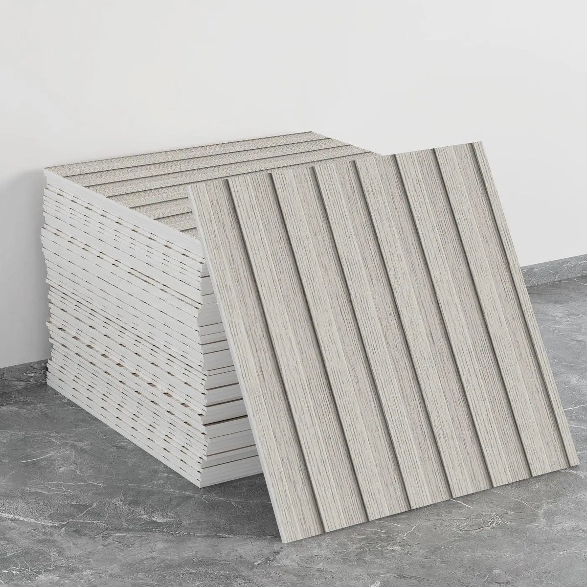 A stack of rectangular, light beige self-adhesive marble tile stickers shown from the side.