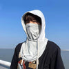 A person wearing a white breathable UV protection balaclava face mask and long neck cover against a clear blue sky.