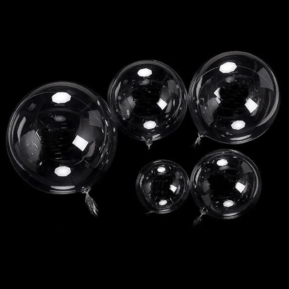A multipack of clear balloons for party decor, shown against a black background.