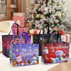 Reusable non-woven Christmas gift bags in purple, black, and red featuring festive holiday designs